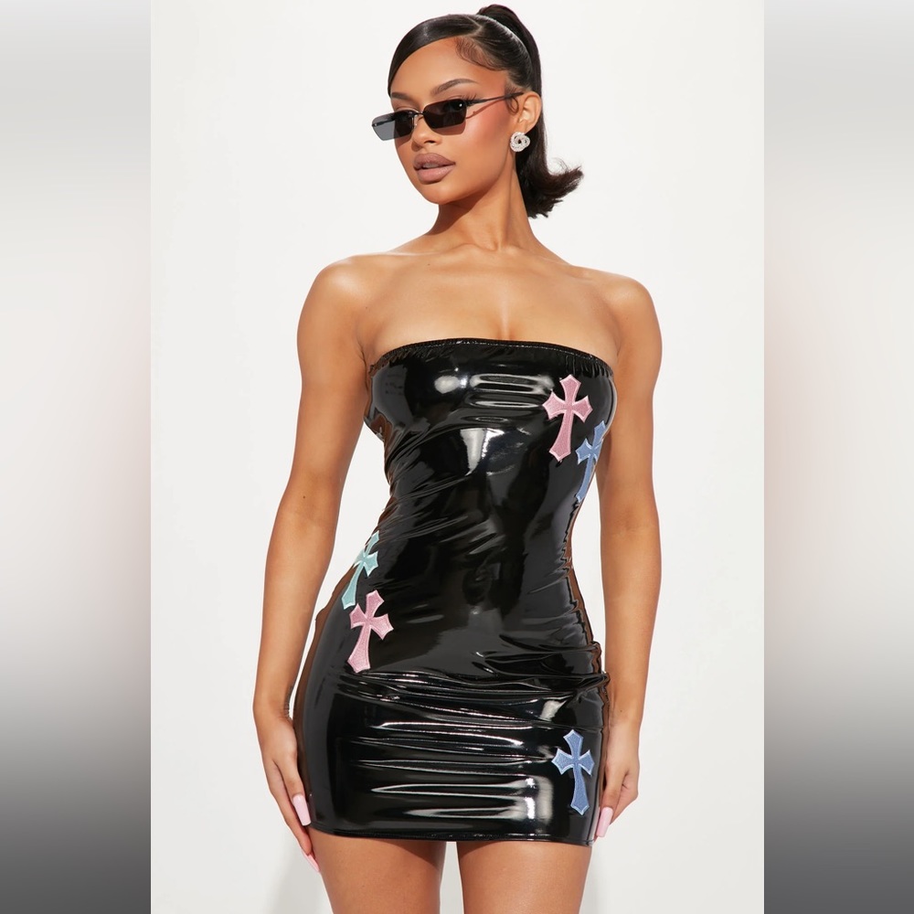 Black latex fashion nova mini dress.